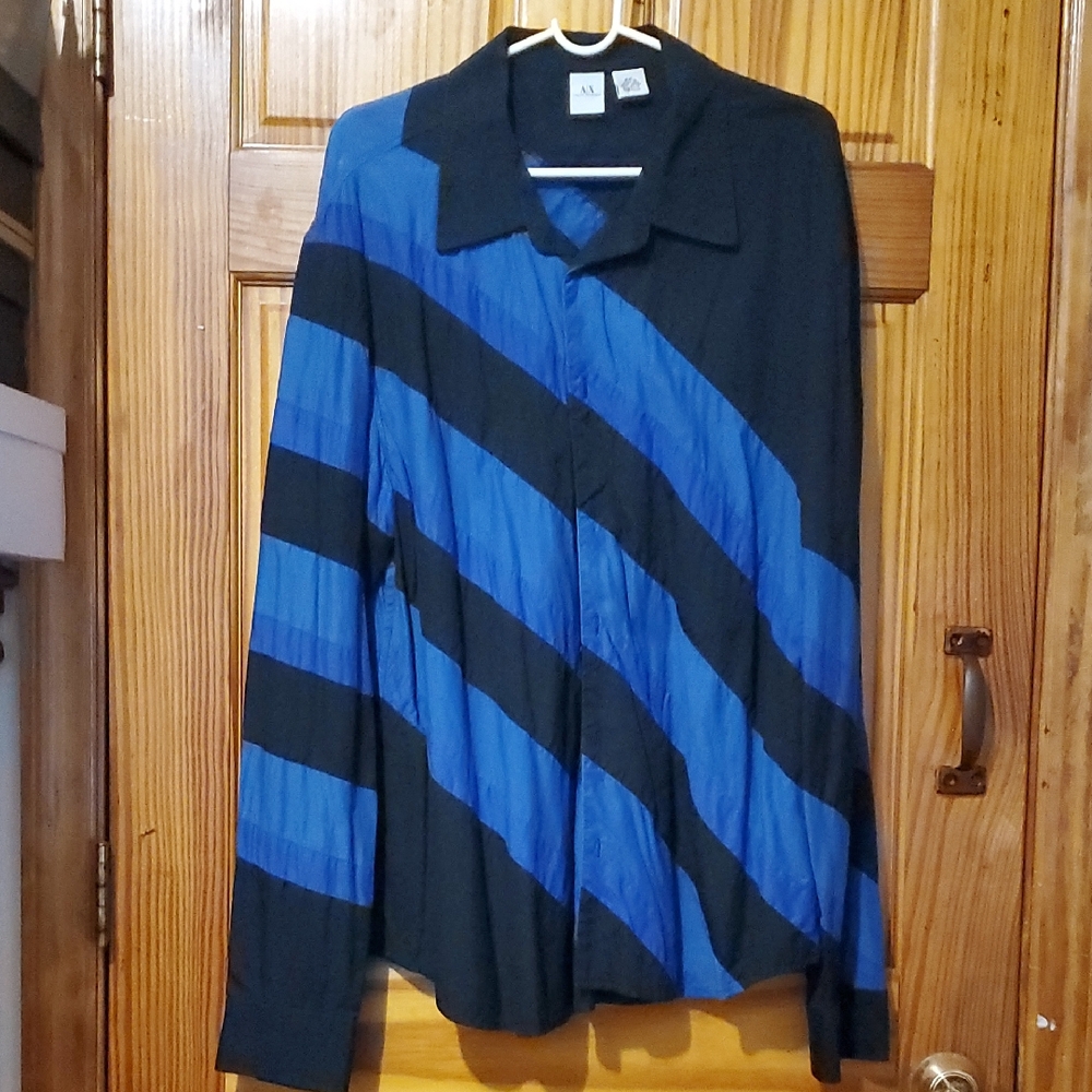 Armani Exchange Diagonal Striped Shirt Black & Blue Men's 2XL